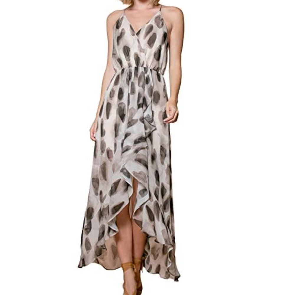 Lavender Brown Made in USA Animal Print Ruffle Sleeveless Midi  Dress Size XS